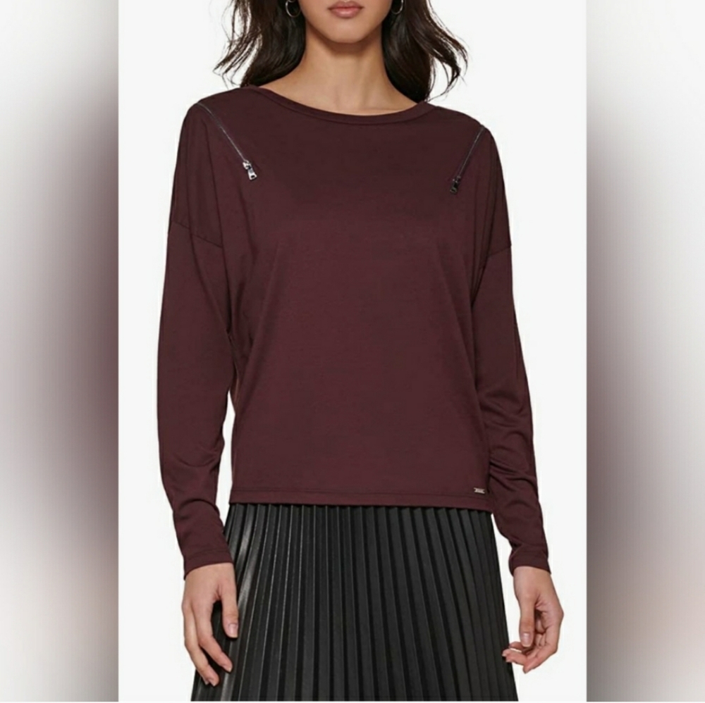 DKNY Women's Zipper Cold-Shoulder Soft Top In Bordeaux Size S